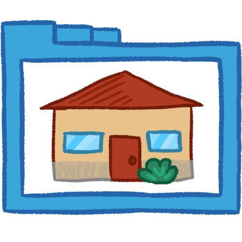 A hollow blue folder with thick lineart containing a tan house with a red roof, a red door, two windows, and a bush.